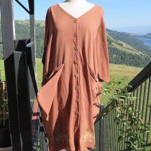 VINTAGE Blue Fish Lagenlook Teatime Dress One Size OS Terracotta Brown Painted